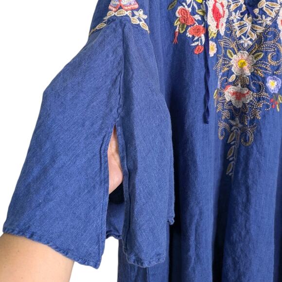 Johnny Was Kitti Dress XL 100% Linen Chambray Floral Embroidered Lace Up Bell Sl - Picture 5 of 11
